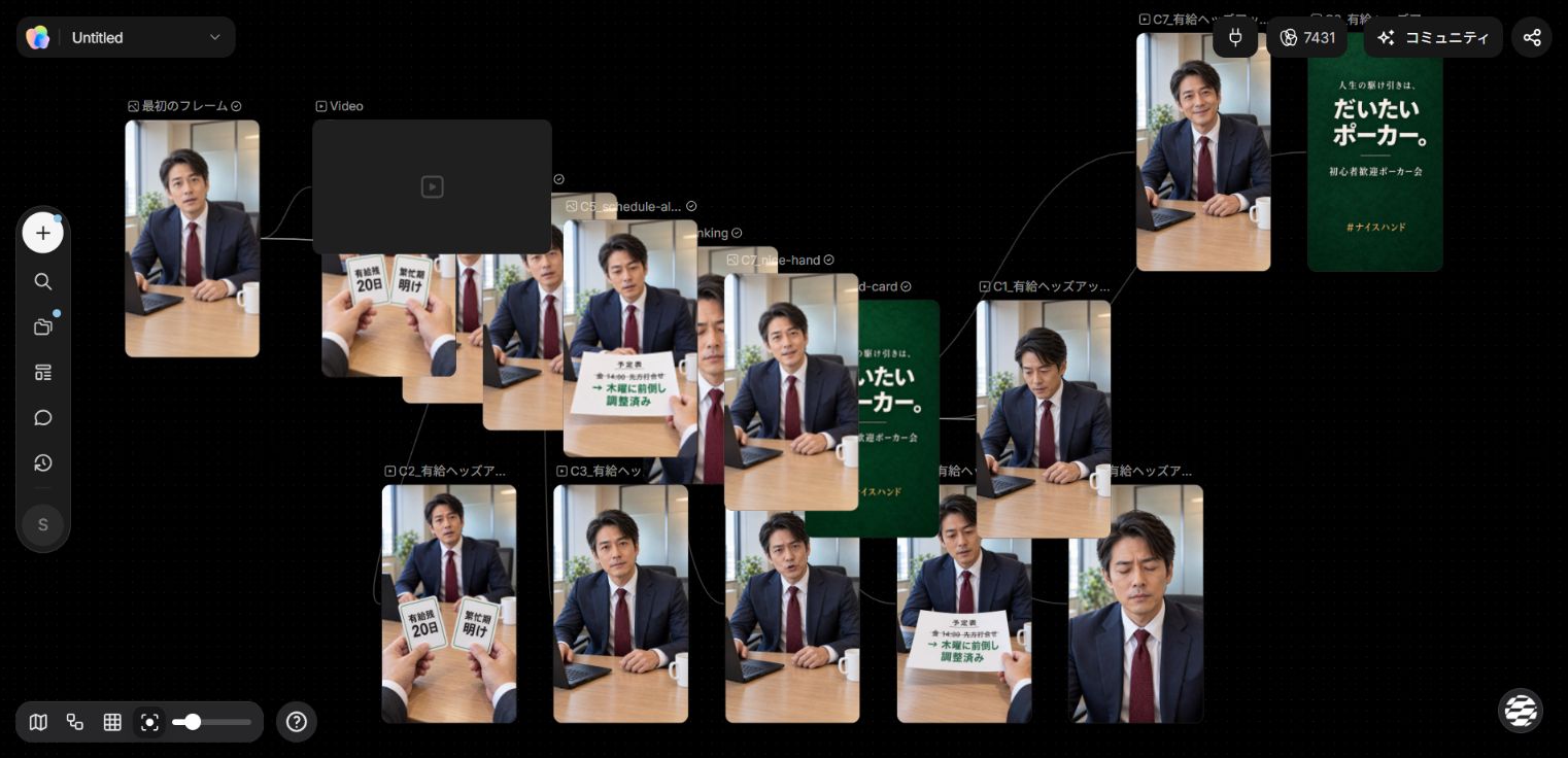 TapNowの実際の制作キャンバス。画像素材から各シーンの動画を生成しました。