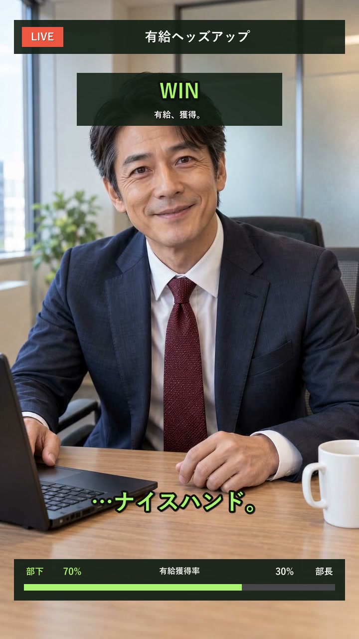 完成動画の31.0秒時点。有給獲得の瞬間を、ポーカーの勝利として演出しました。